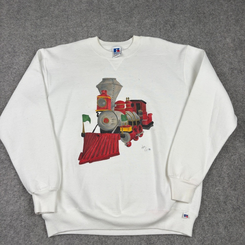 Russell Athletic Sweatshirt Mens L White Vintage 80s Train Graphic‎ Made In USA - Picture 2 of 13